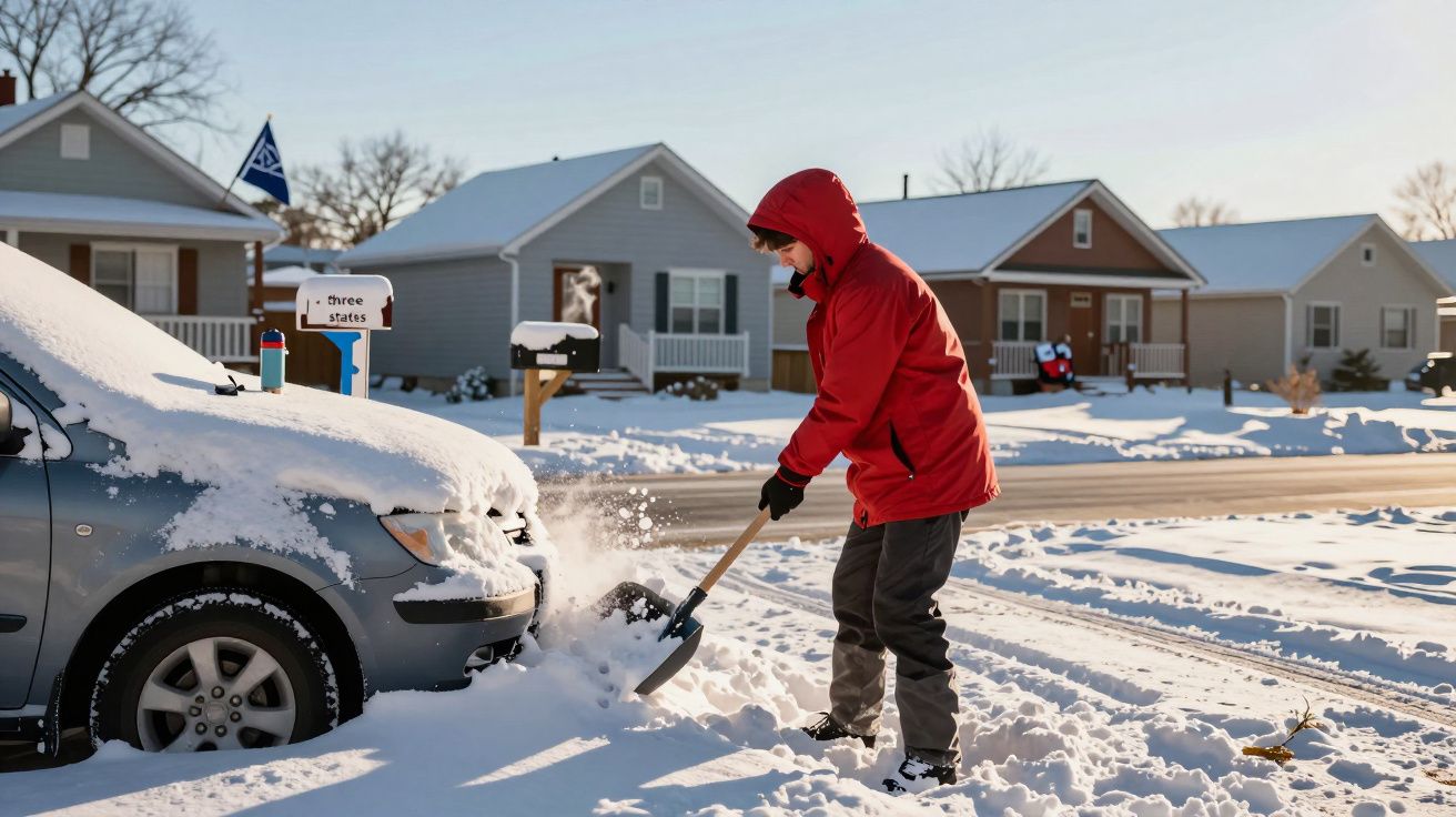 Person in red jacket shoveling snow from a car in front of houses on a sunny winter day.