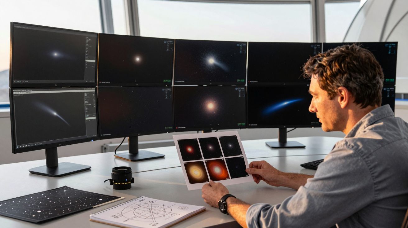 Man analyzing space images on monitors and paper in a modern observatory.