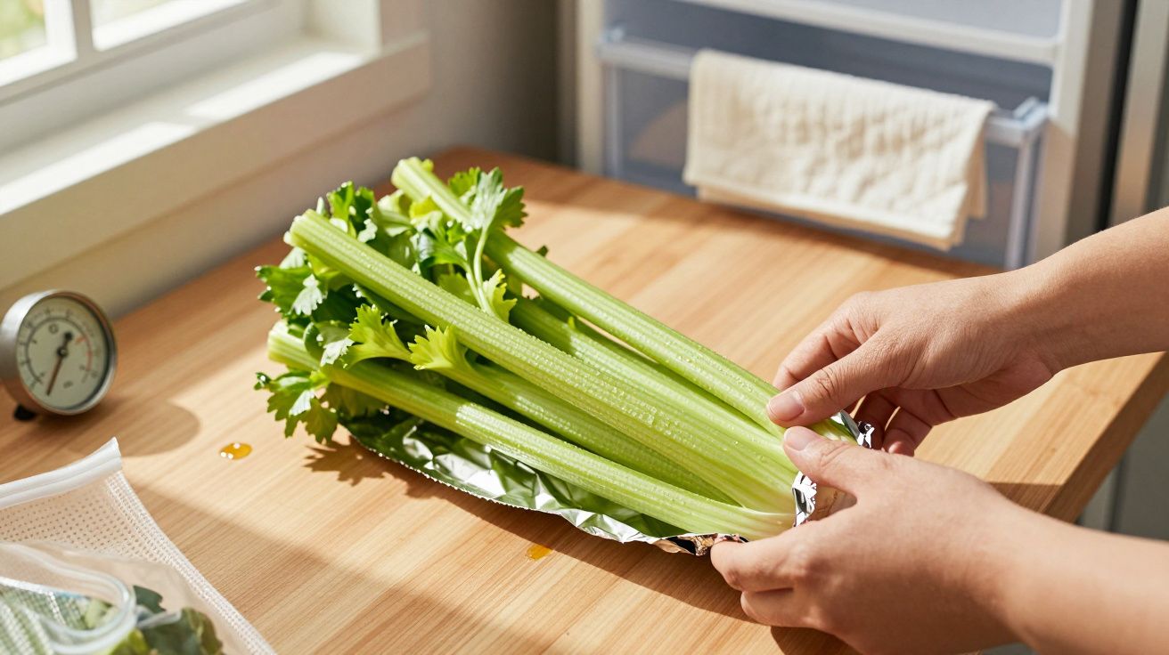 Hands wrapping fresh celery in foil on a wooden kitchen counter near a window.